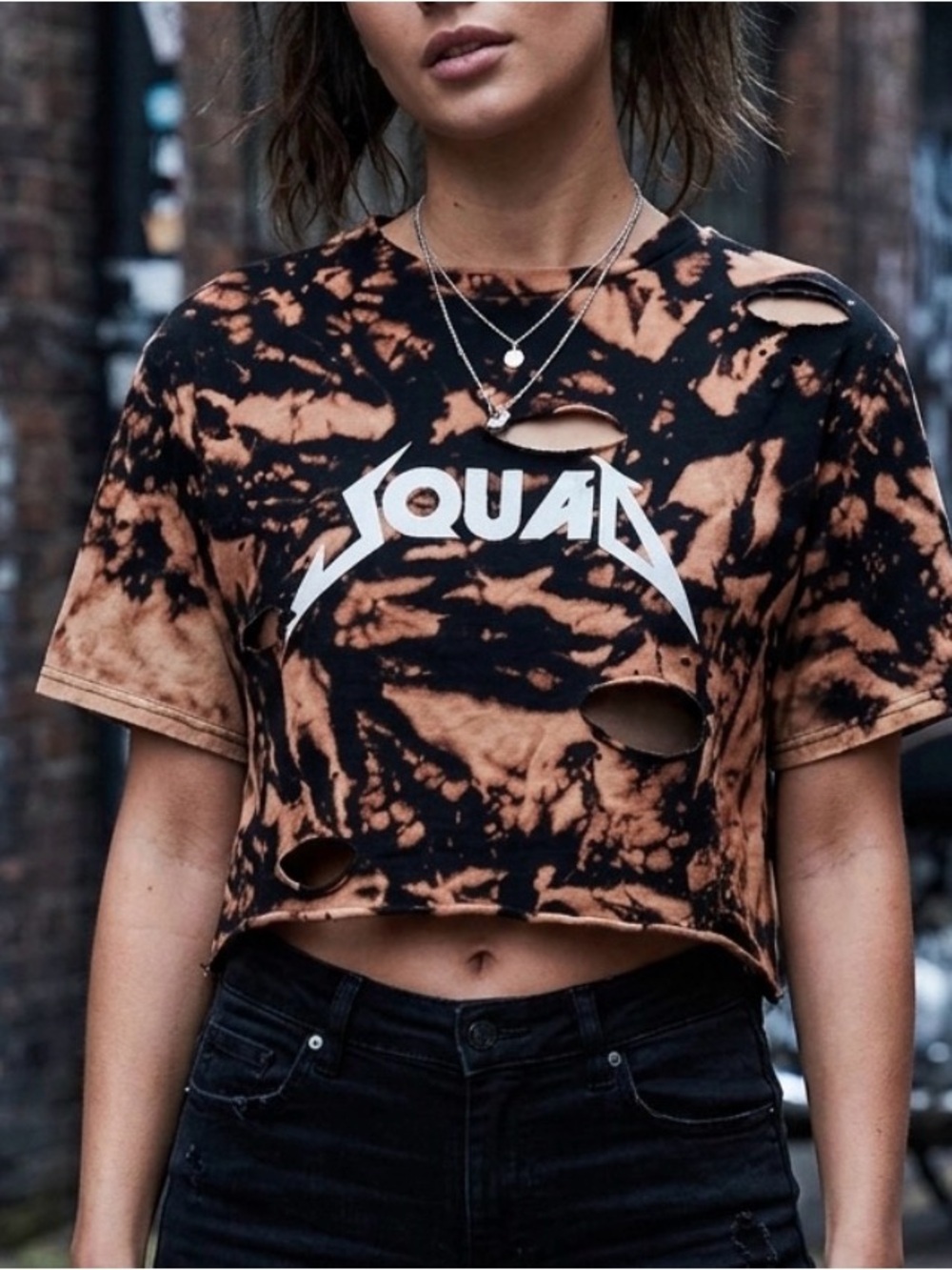 Fashion Nova Black & Tan Bleached Distressed Crop Tee